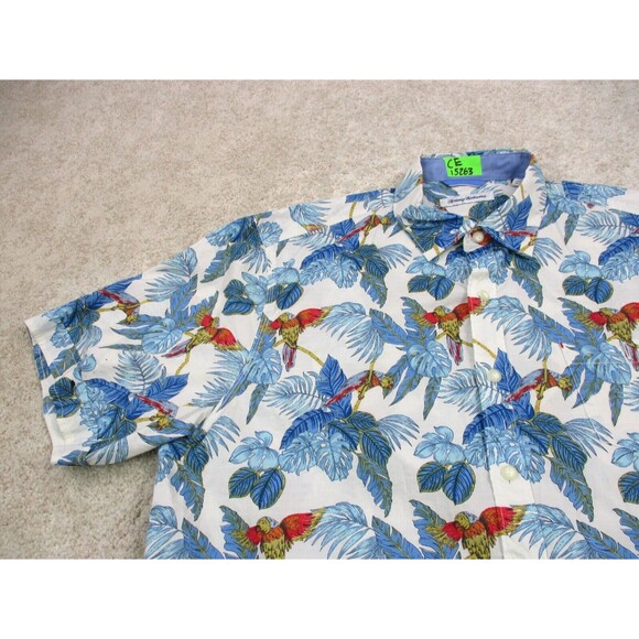 Tommy Bahama Shirt Men Large Blue Parrot Floral Graphic Print Hawaiian Button Up - Picture 4 of 10